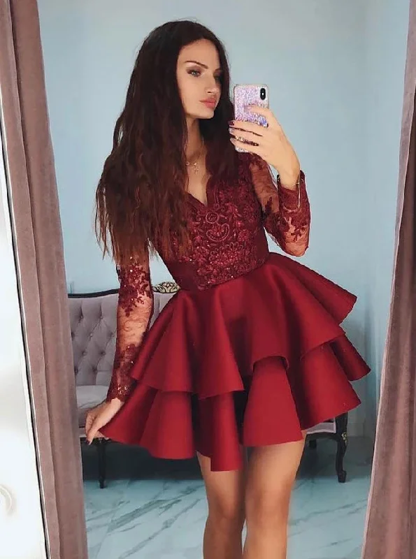 wrap-around dressBurgundy Short Homecoming Dresses Short Prom Dress With Sleeves OM538