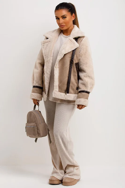 Flash Deals premium coatAviator Jacket In Faux Suede With Fur Sleeves Beige