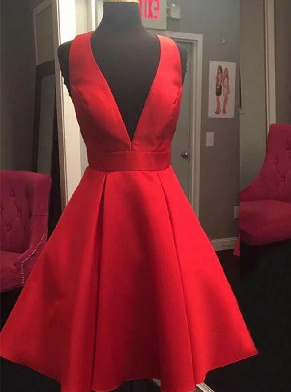 boho-chic dressPlunging Neckline Open Back Short Satin Red Cocktail Party Dress With Bowknot OC108