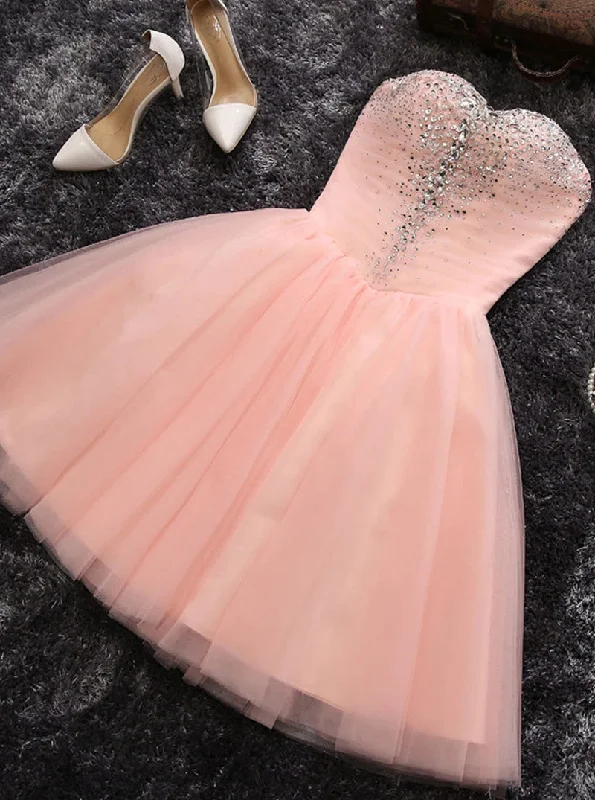 casual slip dressChic Sweetheart Tulle Pearl Pink Short Homecoming Dress With Beading OM407