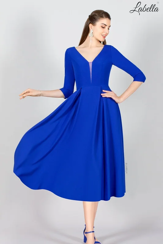 Price Break casual dressRoyal Blue A-line Crepe Midi Dress with Sleeves + V-neck | 8033L Price Break casual dressRoyal Blue A-line Crepe Midi Dress with Sleeves + V-neck | 8033L