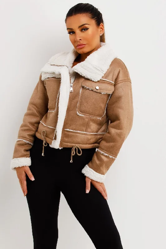 Daily Deals trendy casual outerwearFaux Shearling Faux Leather Jacket Beige
