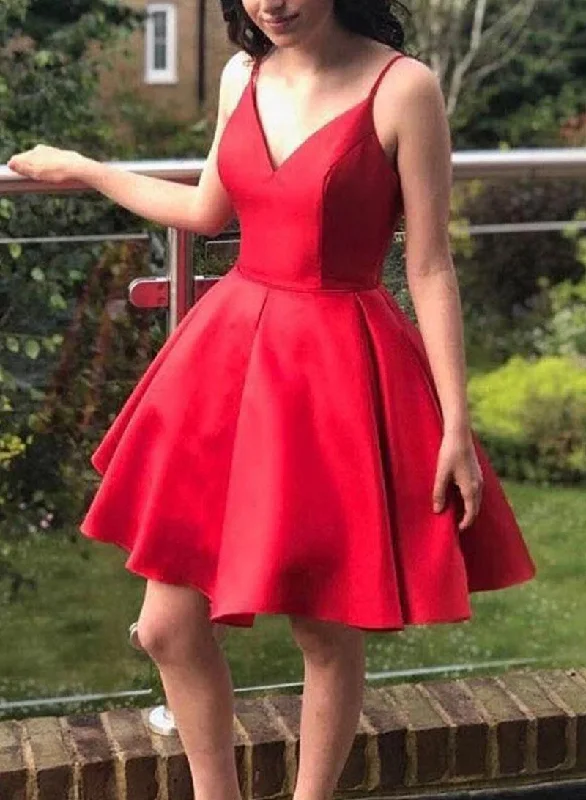 flowy dressSimple Red Short Prom Dress V Neck Satin Homecoming Dress OM355