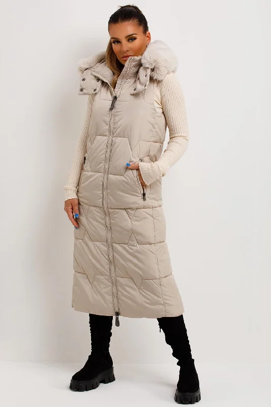 Unbeatable Prices minimalist jacketLong Puffer Gilet With Faux Fur Hood Beige