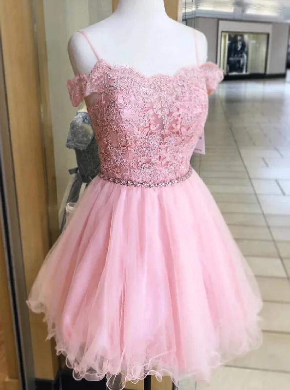 ashionable dressOff Shoulder Pink Homecoming Dress With Beading, Appliques Short Sweet 16 Dress OM466