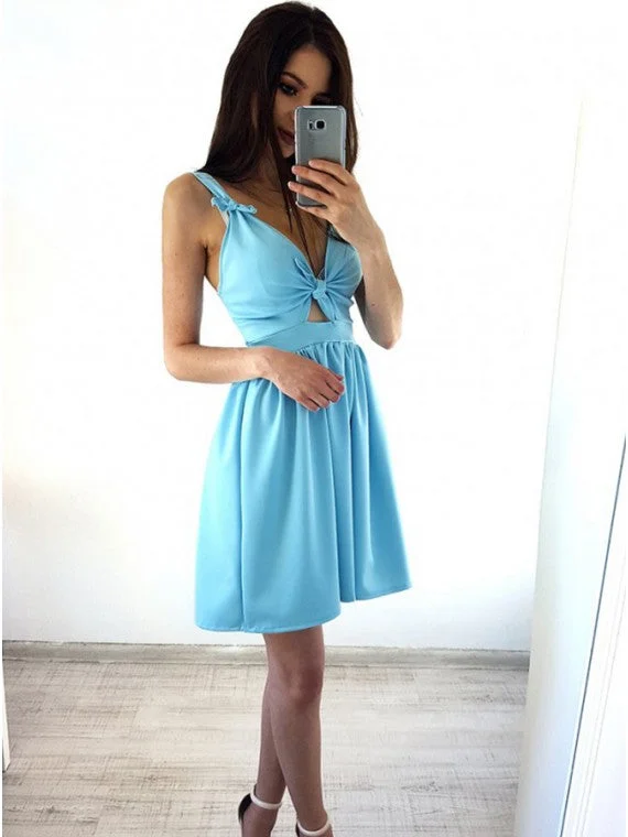 sleeveless dressCute A-Line V-Neck Ice Blue Short Homecoming Party Dress With Knot OM410