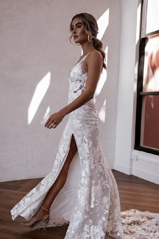 spaghetti strap dressLuxurious Mermaid V Neck Lace Wedding Dresses with Slit N100