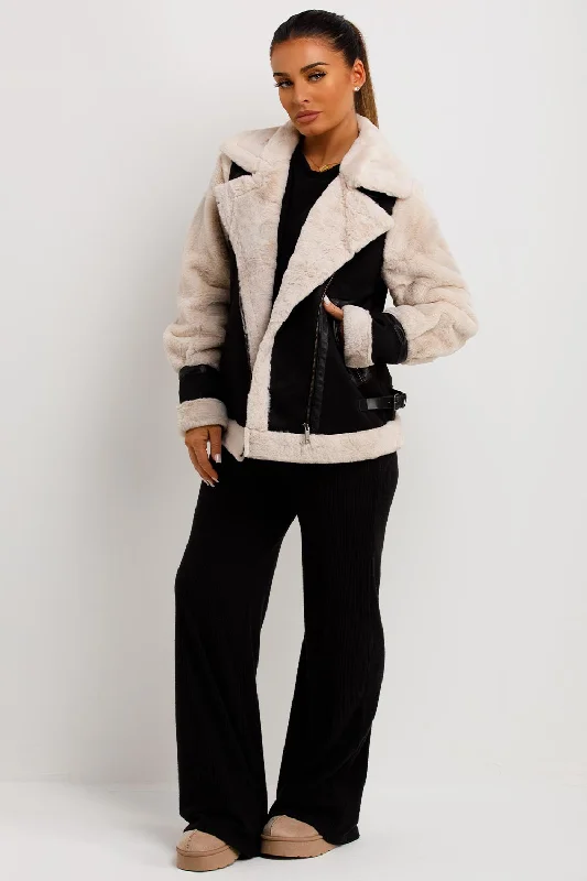 Blowout Deals insulated coatAviator Jacket In Faux Suede With Fur Sleeves Black