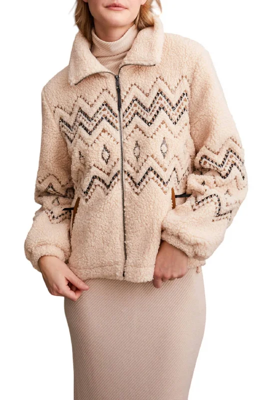 Lined Zip Up Jacket With Embroidery In Latte