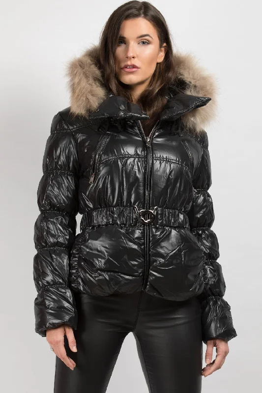Extra Savings soft coatShiny Puffer Coat With Fur Hood Belted