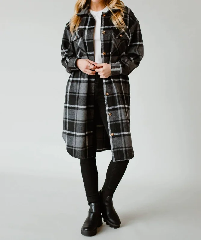 Plaid Long Flannel Coat In Black Multi