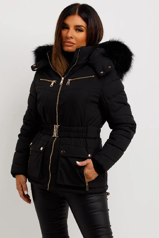 One-DAY Sale raincoatPuffer Coat With Fur Hood And Belt Black