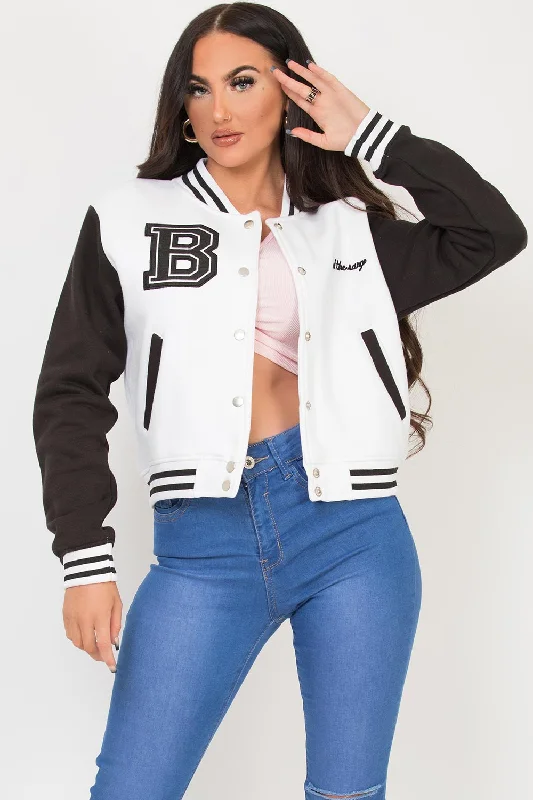 Lowest Price oversized trench coatVarsity Bomber Cropped Jacket With B Slogan Black & White