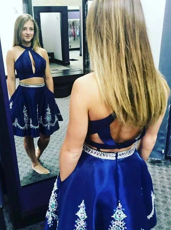 trendy mini dressHalter Royal Blue Two Piece Homecoming Dress With Beading OM451