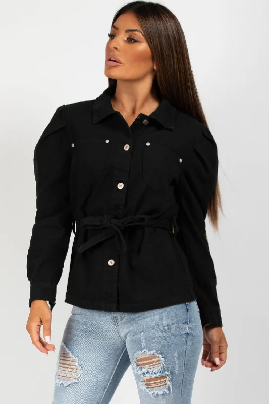 Overstock sleek trench coatBlack Denim Jacket With Puff Sleeves