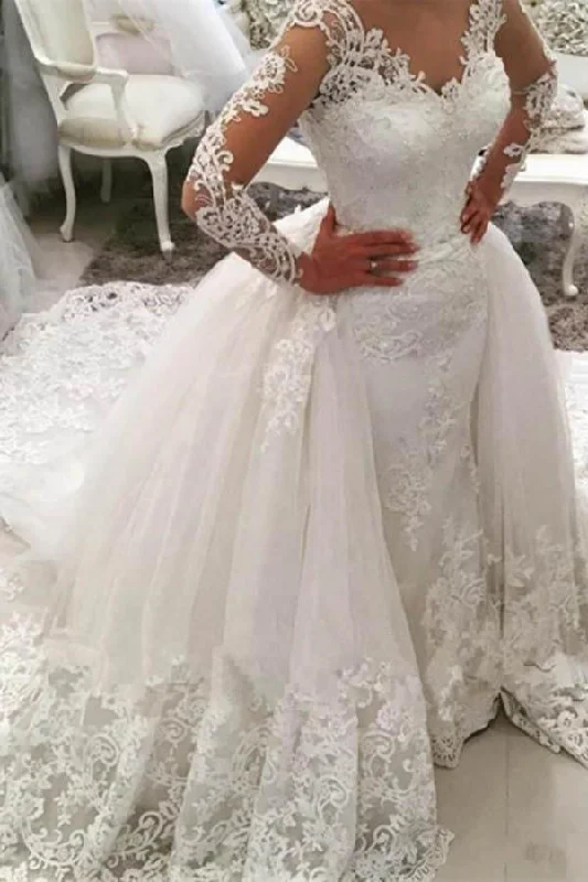 luxury dressGorgeous Ivory V-Neck Long Sleeves Appliques Wedding Dresses N618