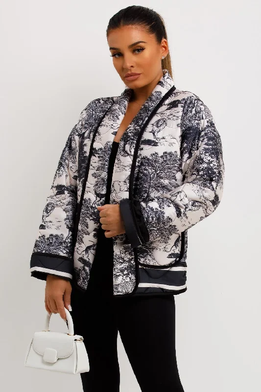 Discount Deals long-sleeve winter jacketSatin Quilted Blazer Jacket With Jungle Print Black White
