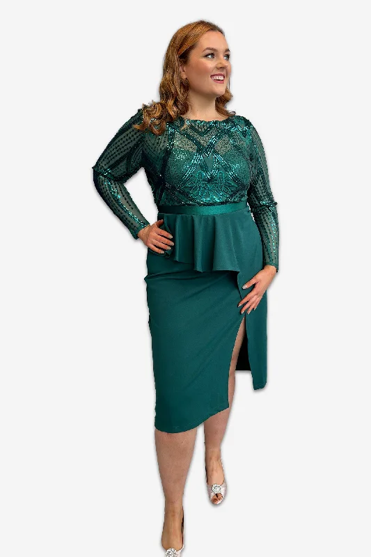 Now or Never flowy dressEmerald Sequin Bodice with Front Frill Plus Size Midi Dress Now or Never flowy dressEmerald Sequin Bodice with Front Frill Plus Size Midi Dress