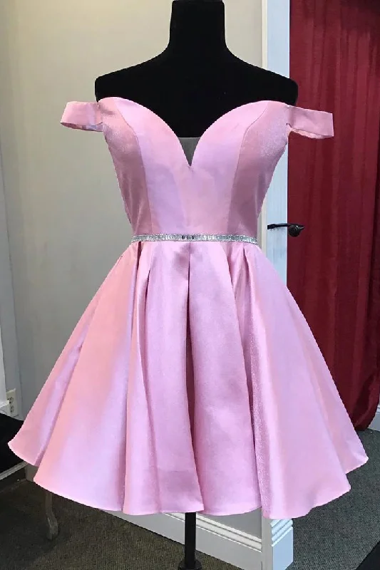 lace-up dressA-Line Off-The-Shoulder Pink Satin Homecoming Dress With Beaded Waist