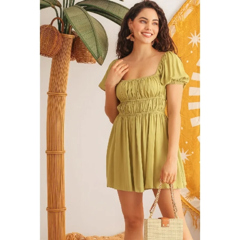 backless dressLight Green Woven Puff Short Sleeve Open Back Flare Mini Dress