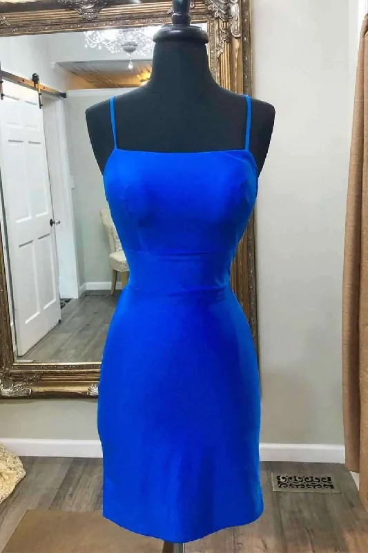 wool dressBlue Sexy Spaghetti Straps Satin Short Prom Dresses, Homecoming Dresses