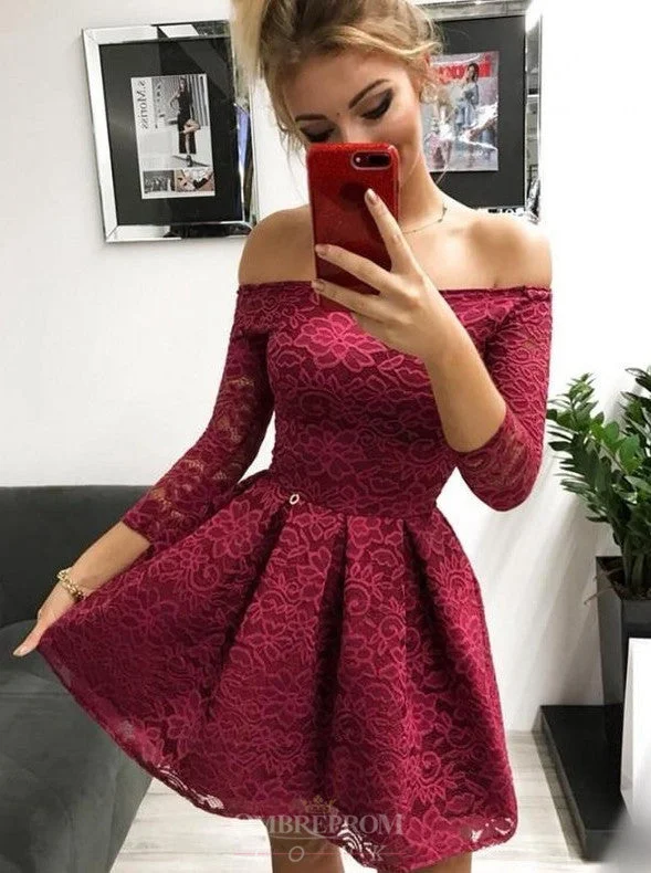 elegant maxi dressOff-the-Shoulder Long Sleeves Burgundy Lace Homecoming Dress OM184