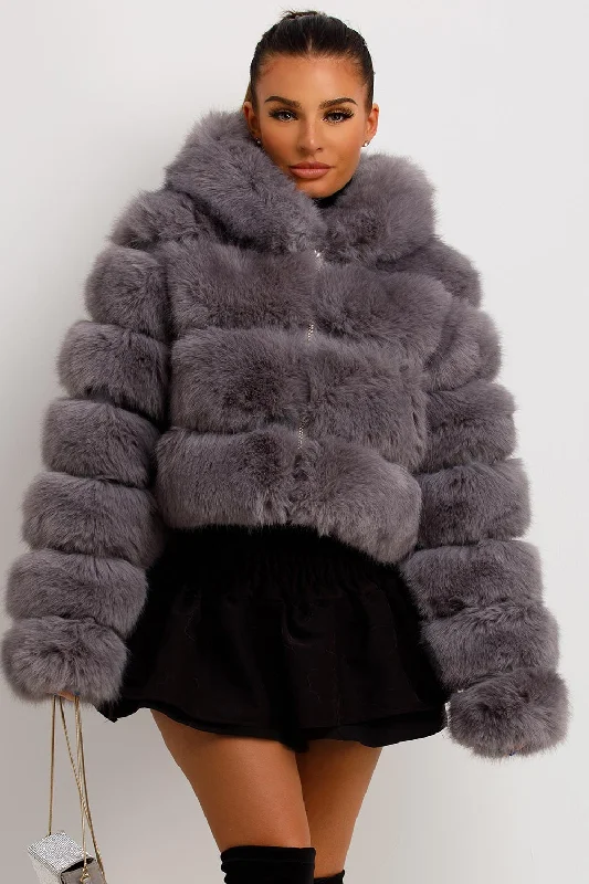 Act Now fashionable outerwearGrey Faux Fur Coat With Hood