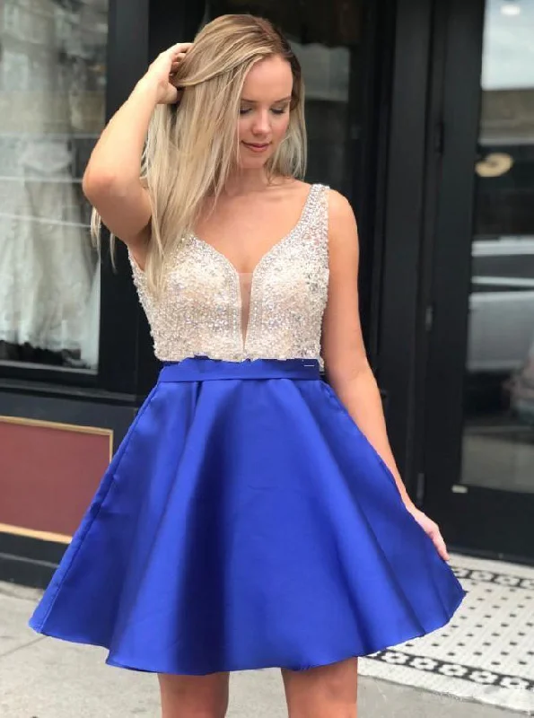 long sleeve dressRoyal Blue Homecoming Dresses V Neck Beaded Short Prom Dress OM343