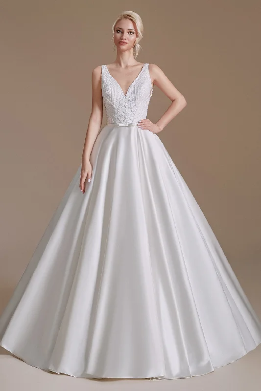 wool dressElegant Long A-Line Sleeveless Satin Wedding Dress