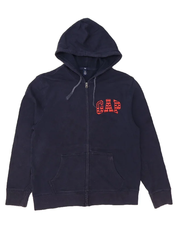Super Deal GAP Mens Graphic Zip Hoodie Sweater Large Navy Blue Cotton