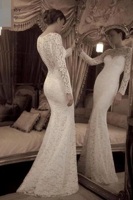 casual shift dressVintage Ivory Trumpet Long Sleeves Lace Long Beach Wedding Dresses Lace Prom Gown N544