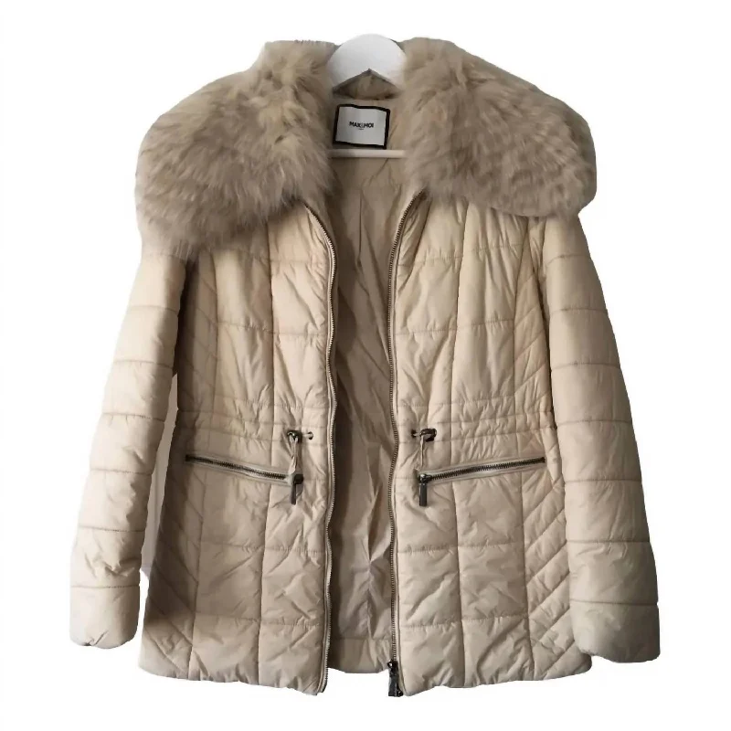 Women's Puff Jacket With Fur In Beige