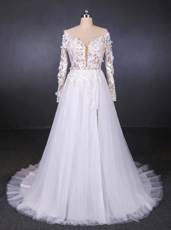 knit dressA-line V-neck Long Sleeves Wedding Dress With Lace Appliques