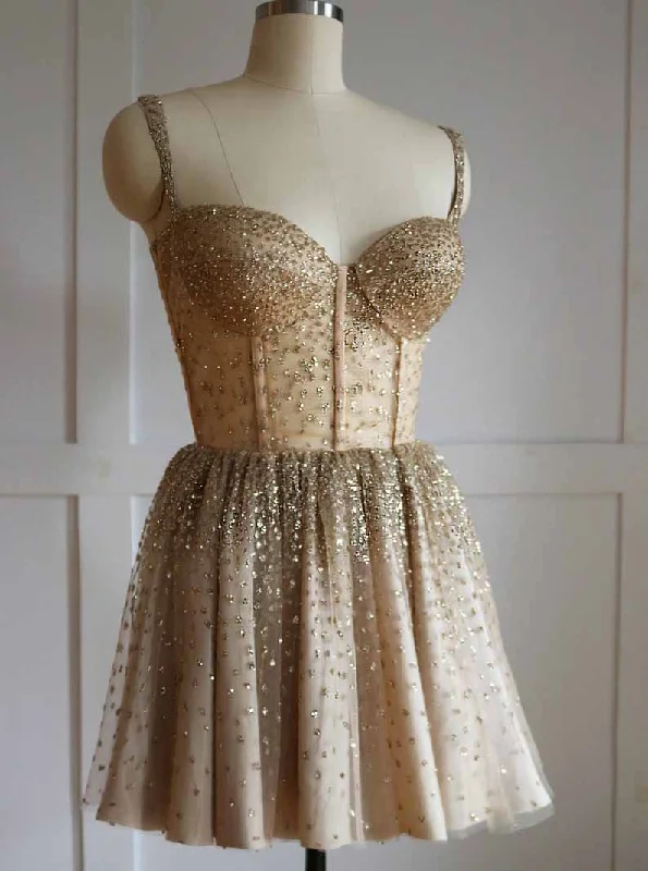 sophisticated dressSparkly Straps Golden Beading Short Prom Homecoming Dress OM220