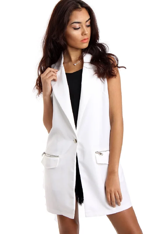 Fantastic Deals classic zip-up coatWhite Longline Sleeveless Jacket Waistcoat with Zip Pocket Fantastic Deals classic zip-up coatWhite Longline Sleeveless Jacket Waistcoat with Zip Pocket