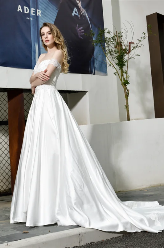 pleated maxi dressA Line Off The Shoulder Appliques Silk Like Satin Court Train Wedding Dresses WH32382