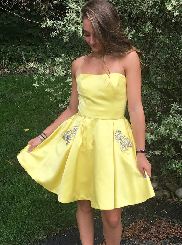 trendy wrap dressDaffodil Strapless Short Homecoming Dress With Beading Pockets OM523