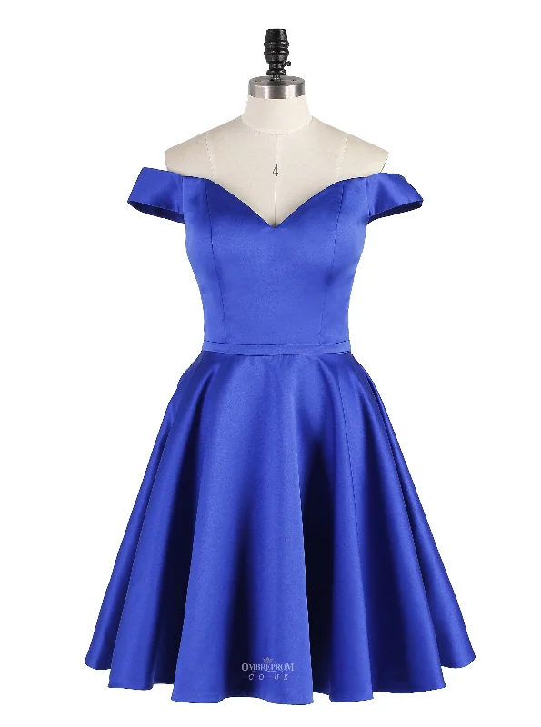 office dressA-line Royal Blue Off-Shoulder Sweetheart Satin Short Prom Party Dress OP164