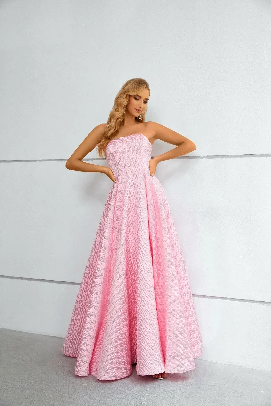 satin dressPink Strapless Sleeveless Long Prom Dress With Pleats