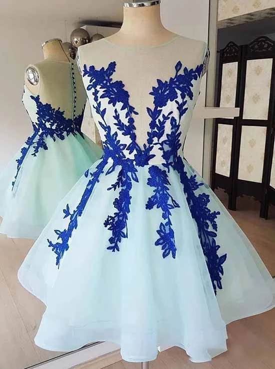 printed dressBaby Blue Tulle Short Prom Dress, Homecoming Dress With Blue Appliques OM402