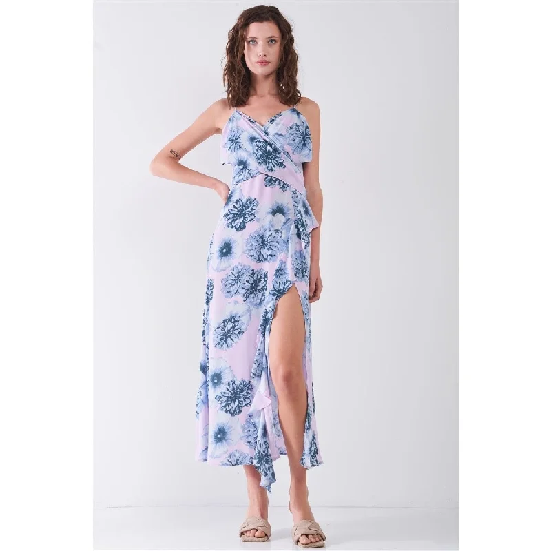 party-ready dressFloral Print Sleeveless SelfTie Wide Wrap Front Ruffle Hem Side Slit Detail Midi Dress