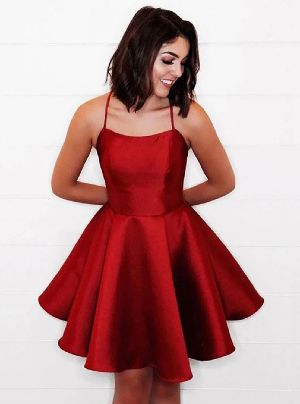 elegant shift dressA-line Satin Burgundy Short Prom Dress, Spaghetti Homecoming Dress OM357