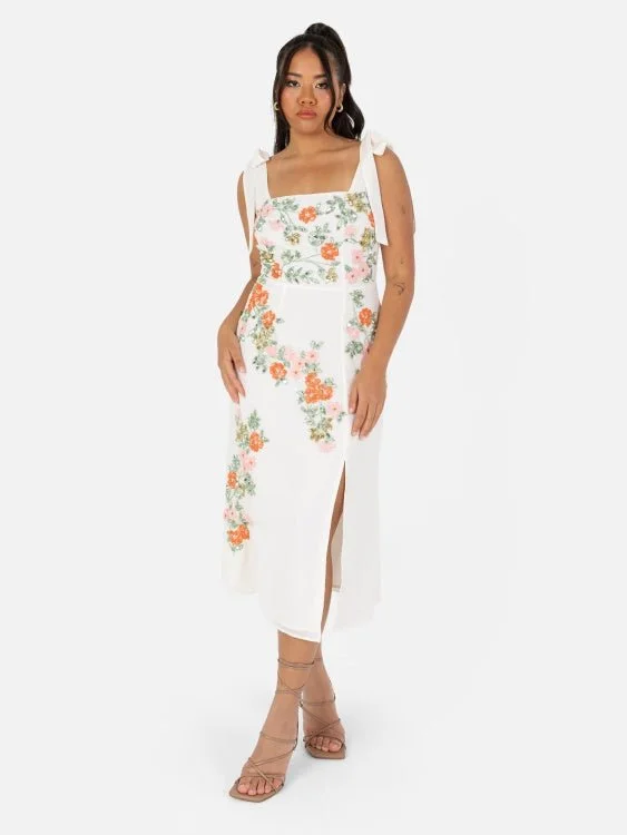 YEAR-End Sale vintage-inspired dressMaya Cream Tie-Shoulder Strappy Embellished Midi Dress