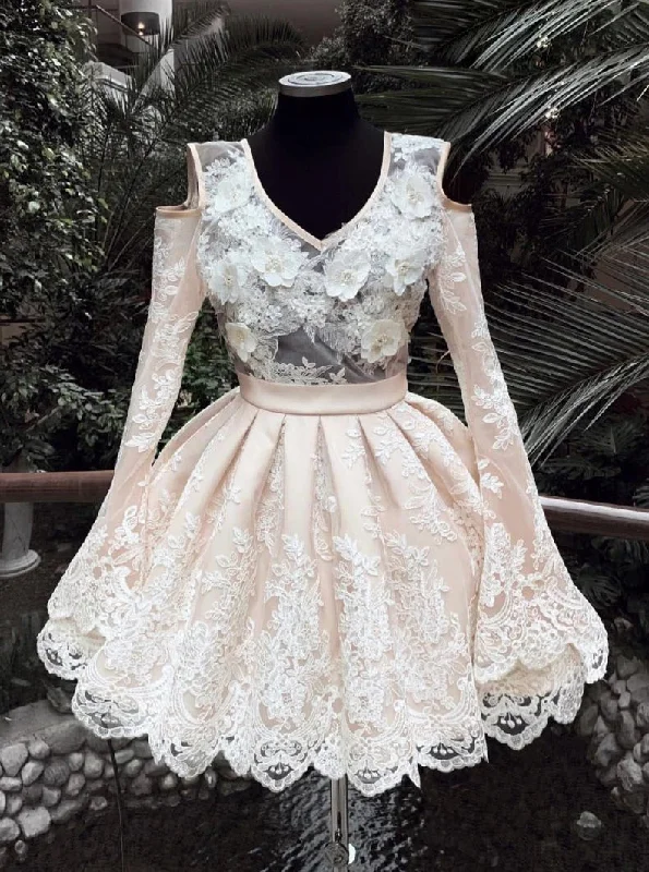 fitted dressLong Sleeves Homecoming Dress V-neck Short Prom Dress With Lace Appliques OM426