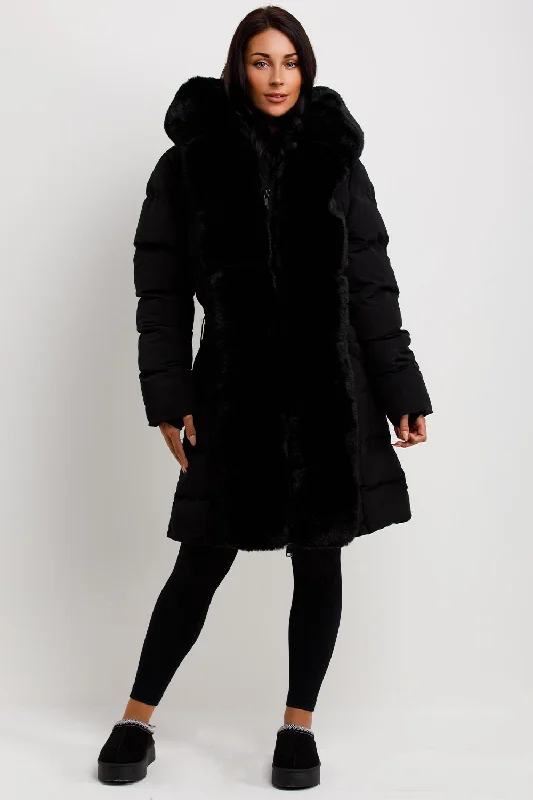 Limited Time warm trench coatBlack Long Puffer Padded Coat With Faux Fur Hood And Trim