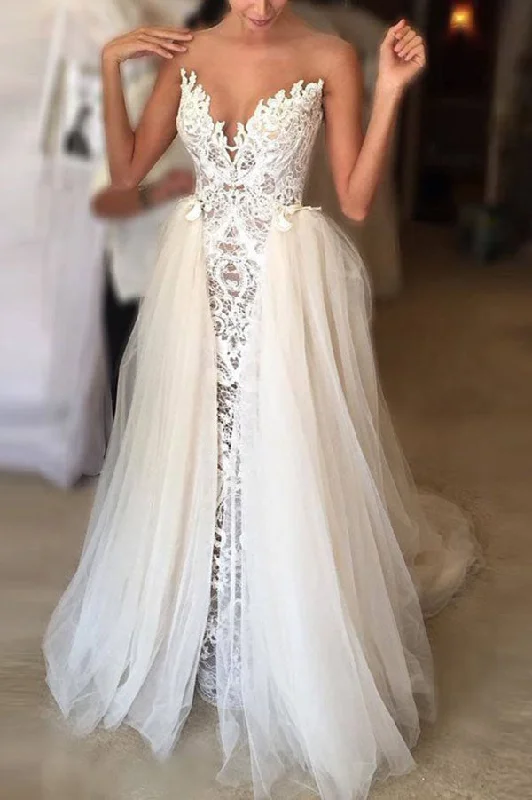 boho dressIvory Sheer Neck Lace Appliqued Tulle Wedding Dresses