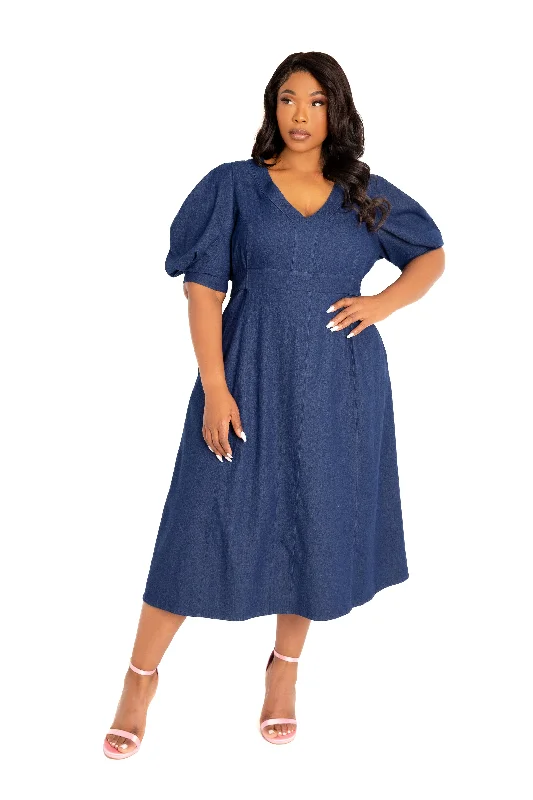 Year-End Clearance stylish party dressV- Neck Puff Sleeve Denim Dress