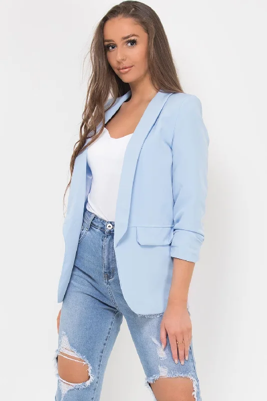 Best Seller high-fashion coatRuched Sleeve Blazer Sky Blue