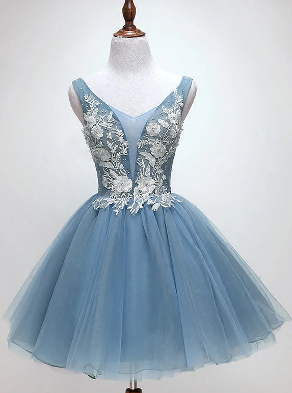 stylish party dressPrincess Dusty Blue Floral Homecoming Dress, Cute Short Graduation Dress OM465