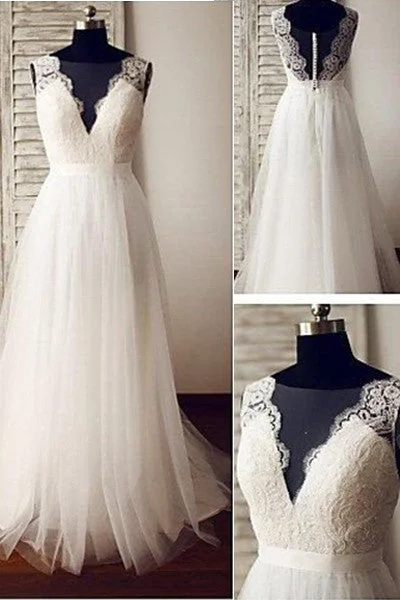 elegant dressV-Neck Beach Wedding Dresses Ivory Tulle Lace Appliqued Wedding Gown A Line Bridal Dresses